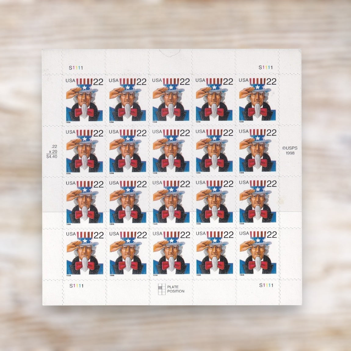 1998 Uncle Sam 22¢ Postage Stamps Self-Adhesive Sheet for Additional Postage