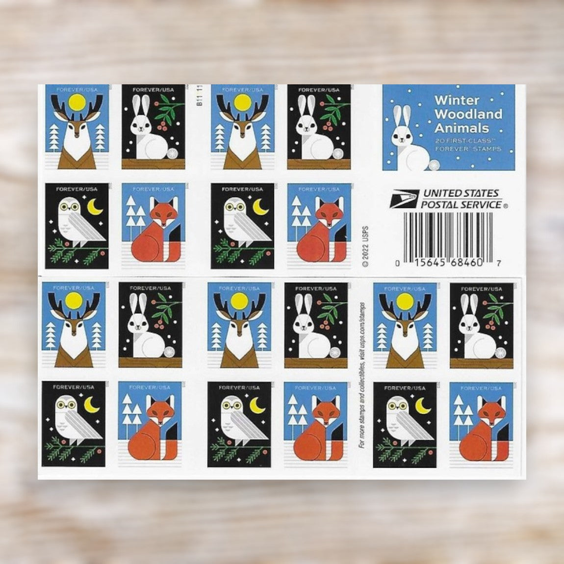 Winter Woodland Animals 2023 Forever Postage Stamps Self-Adhesive Booklet for Winter Mail