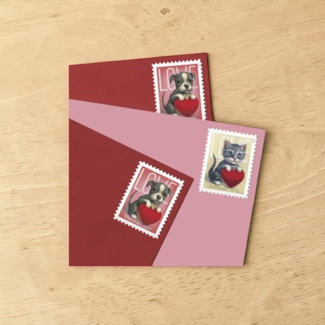 2023 Love Stamps - Puppy and Kitten Holding Hearts Forever Sheet