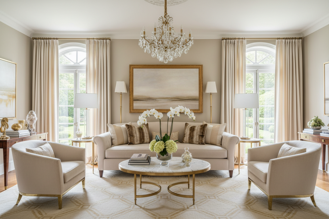 Luxury neutral living room with cream sofa, marble coffee table, crystal chandelier, arched windows, and elegant beige décor.