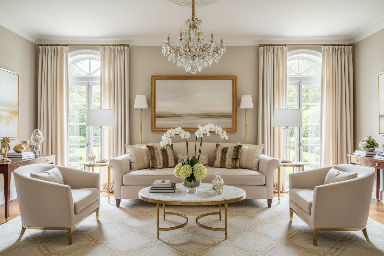 Luxury neutral living room with cream sofa, marble coffee table, crystal chandelier, arched windows, and elegant beige décor.