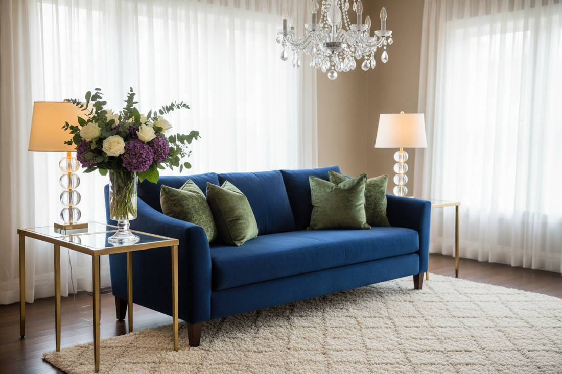 Modern living room with blue velvet sofa, decorative pillows, gold side tables, table lamps, floral arrangement, chandelier lighting, and neutral patterned area rug.