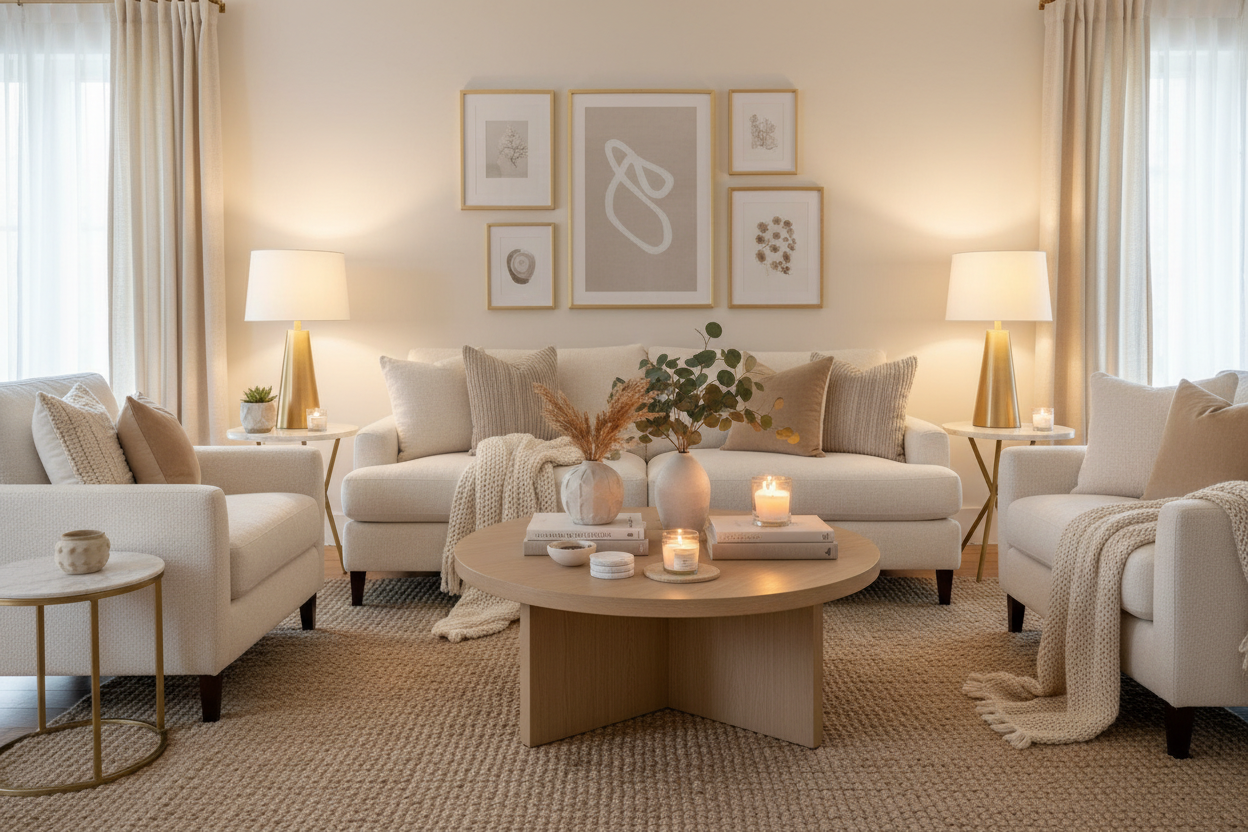 A modern beige color sitting room with sofa and table with candle off white wall