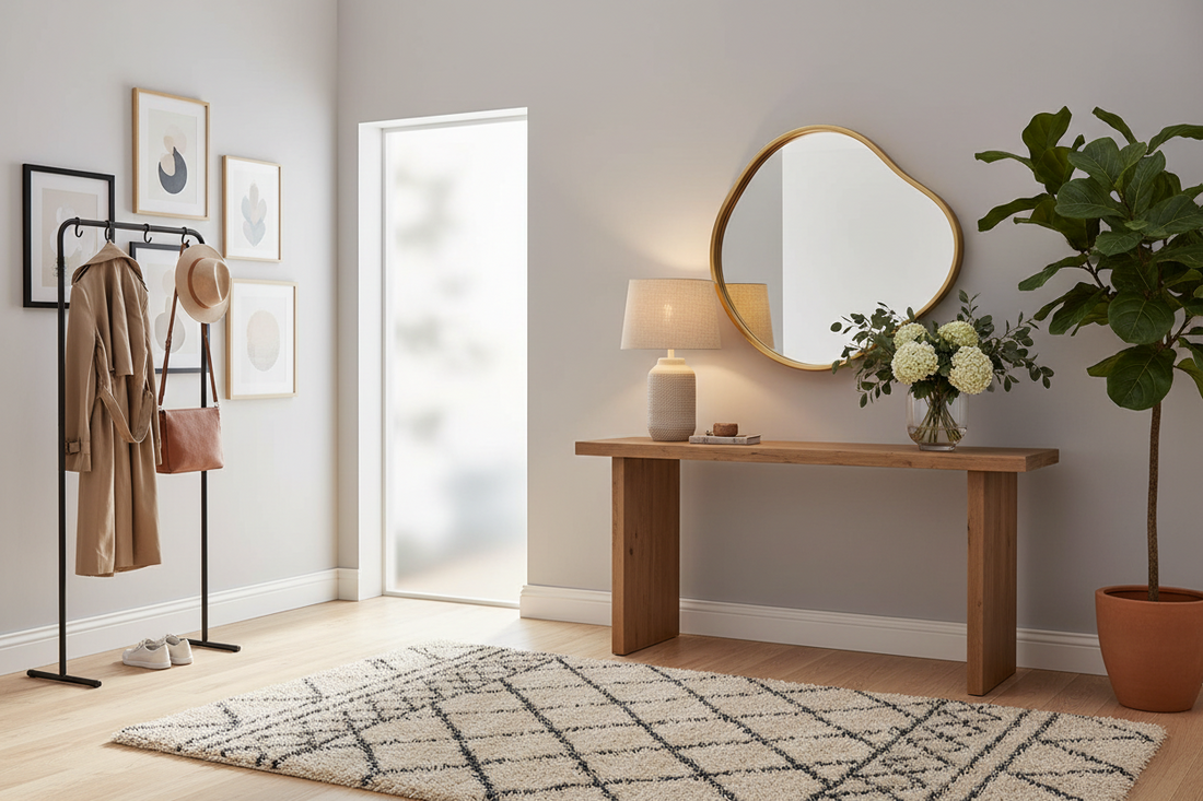 Modern minimalist entryway with wooden console table, abstract wall mirror, table lamp, framed wall art, indoor plant, coat rack, and patterned area rug in neutral tones.