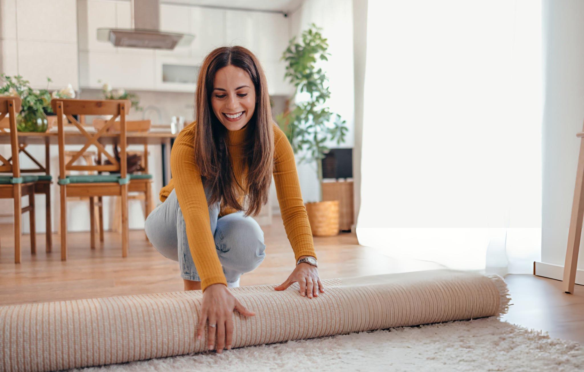 A happy women with a roll of rug in the floor