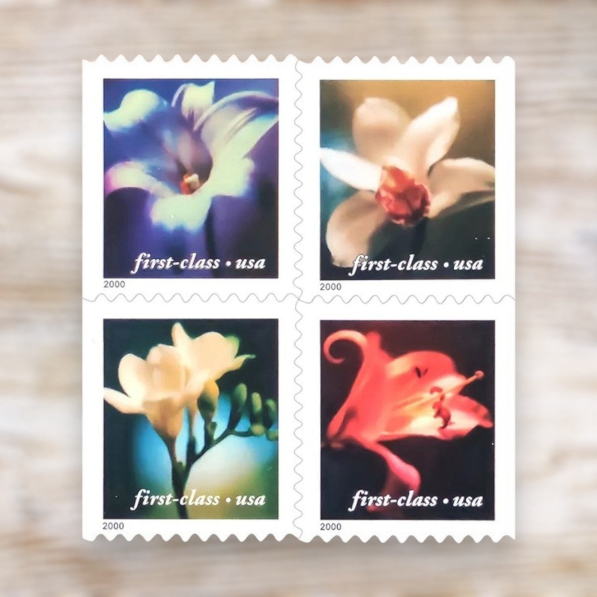 Four Flowers 2000 First-Class Postage Stamps Adhesive Booklet for Wedding Invitations