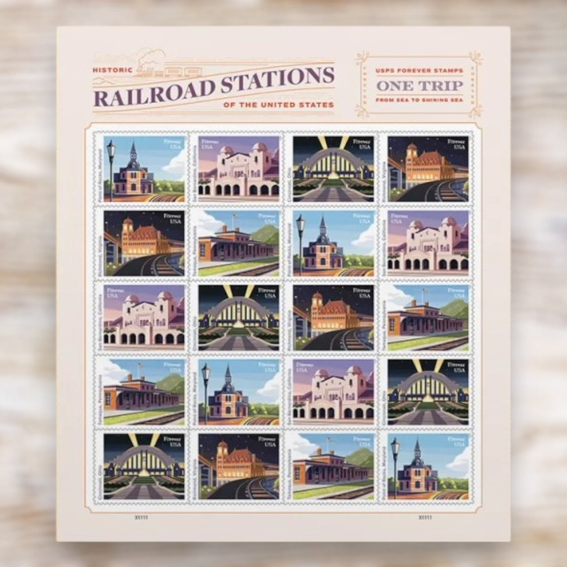 Railroad Stations 2023 Forever Postage Stamps Self-Adhesive Sheet for Commemorative Mail