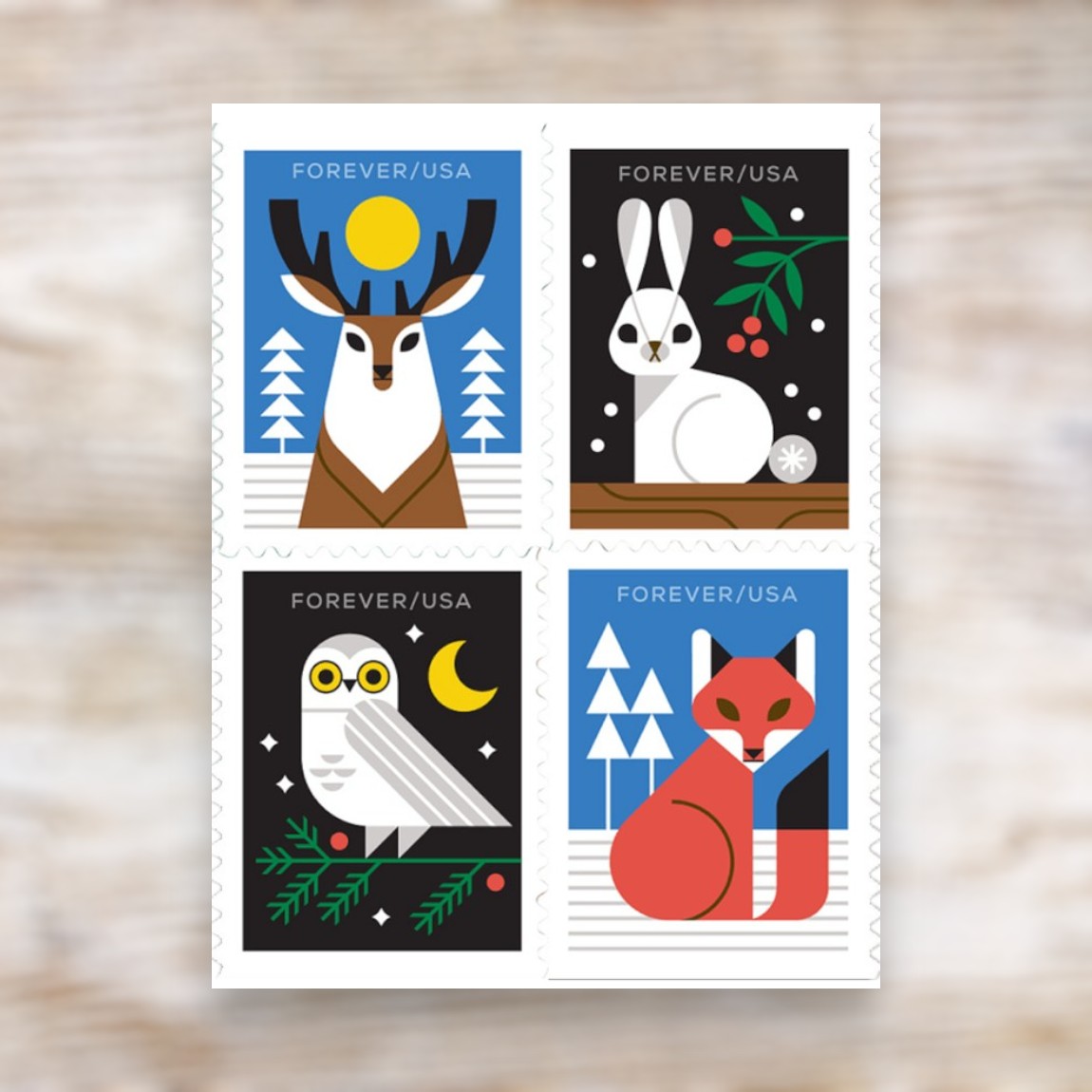 Winter Woodland Animals 2023 Forever Postage Stamps Self-Adhesive Booklet for Winter Mail