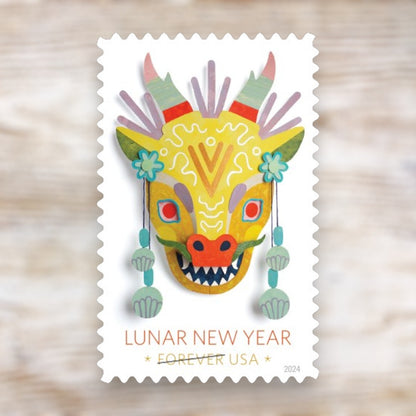 Lunar New Year: Year of the Dragon 2024 Forever Postage Stamps Self-Adhesive Sheet for Holiday Mail