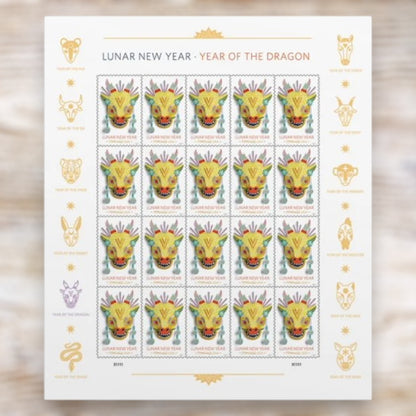 Lunar New Year: Year of the Dragon 2024 Forever Postage Stamps Self-Adhesive Sheet for Holiday Mail