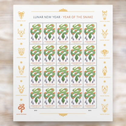 Lunar New Year: Year of the Snake 2025 Forever Postage Stamps Self-Adhesive Sheet for Holiday Mail