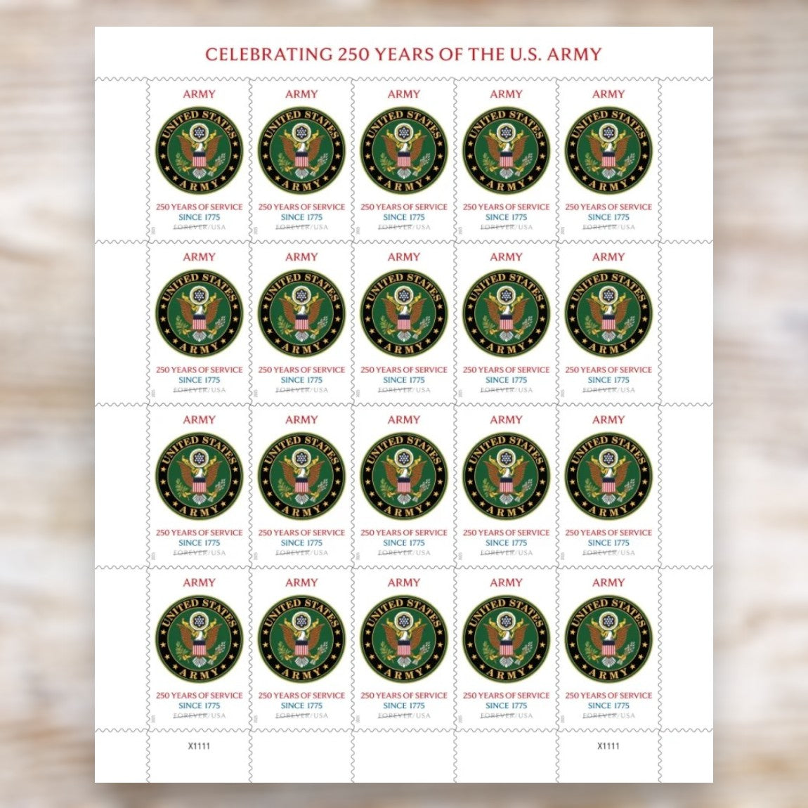 U.S. Army 250th Anniversary 2025 Forever Postage Stamps Self-Adhesive Sheet for Commemorative Mail