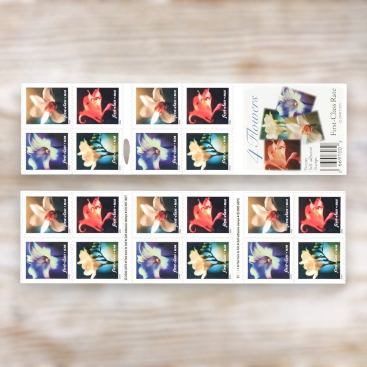 Four Flowers 2000 First-Class Postage Stamps Adhesive Booklet for Wedding Invitations