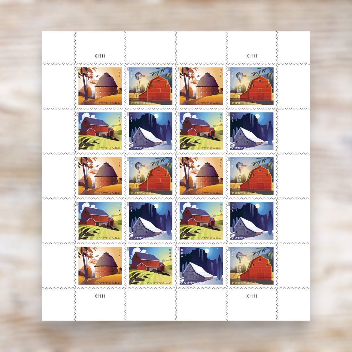 Barn Scenes 2021 Postcard Stamps Adhesive Sheet for Everyday Mailing