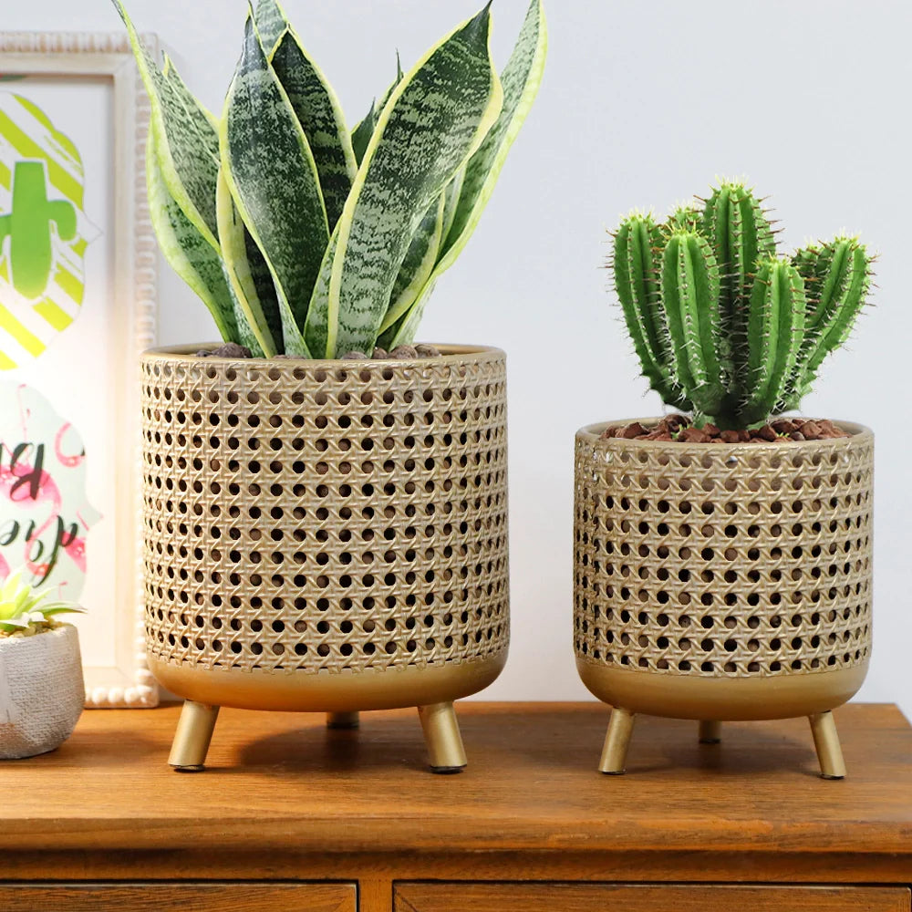 Antique Gold Metal Plant Pots Set of 3 Rustic Planters - Decor Akil
