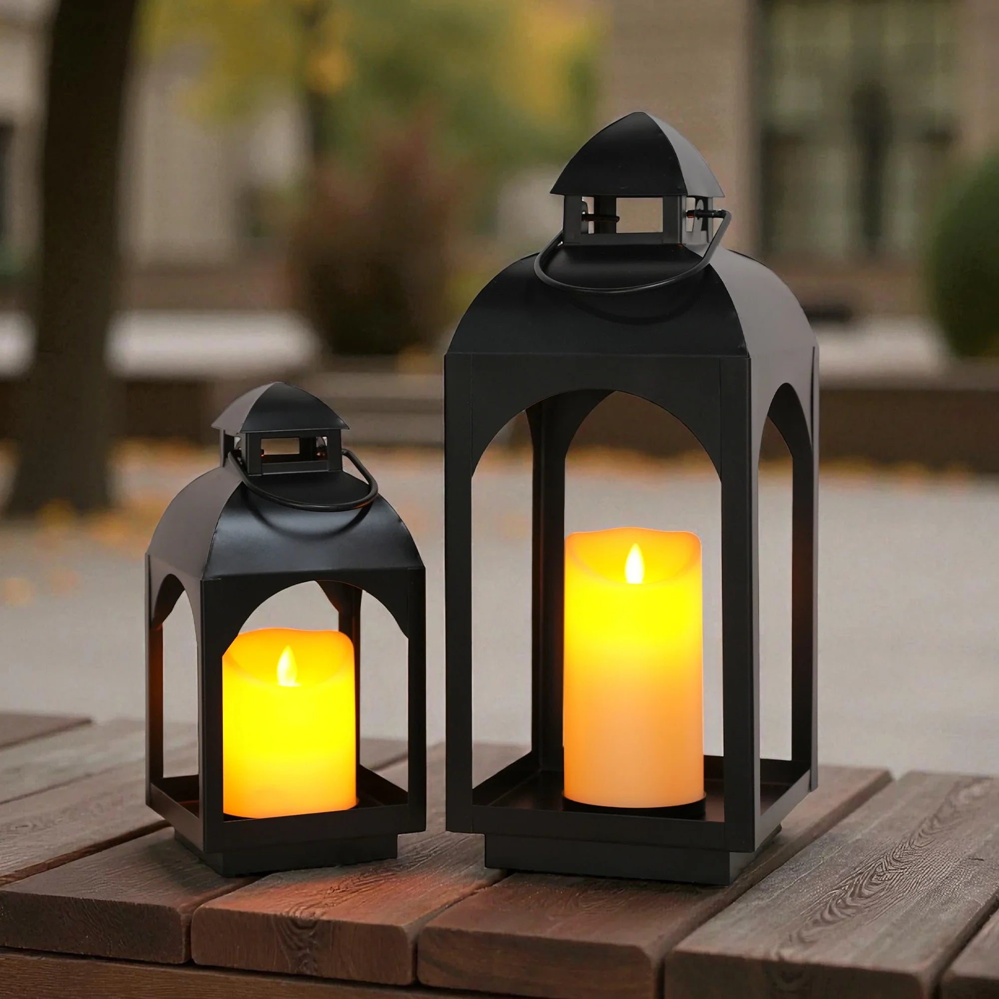 Black Metal Hanging Lanterns with LED Pillar Candles - Decor Akil