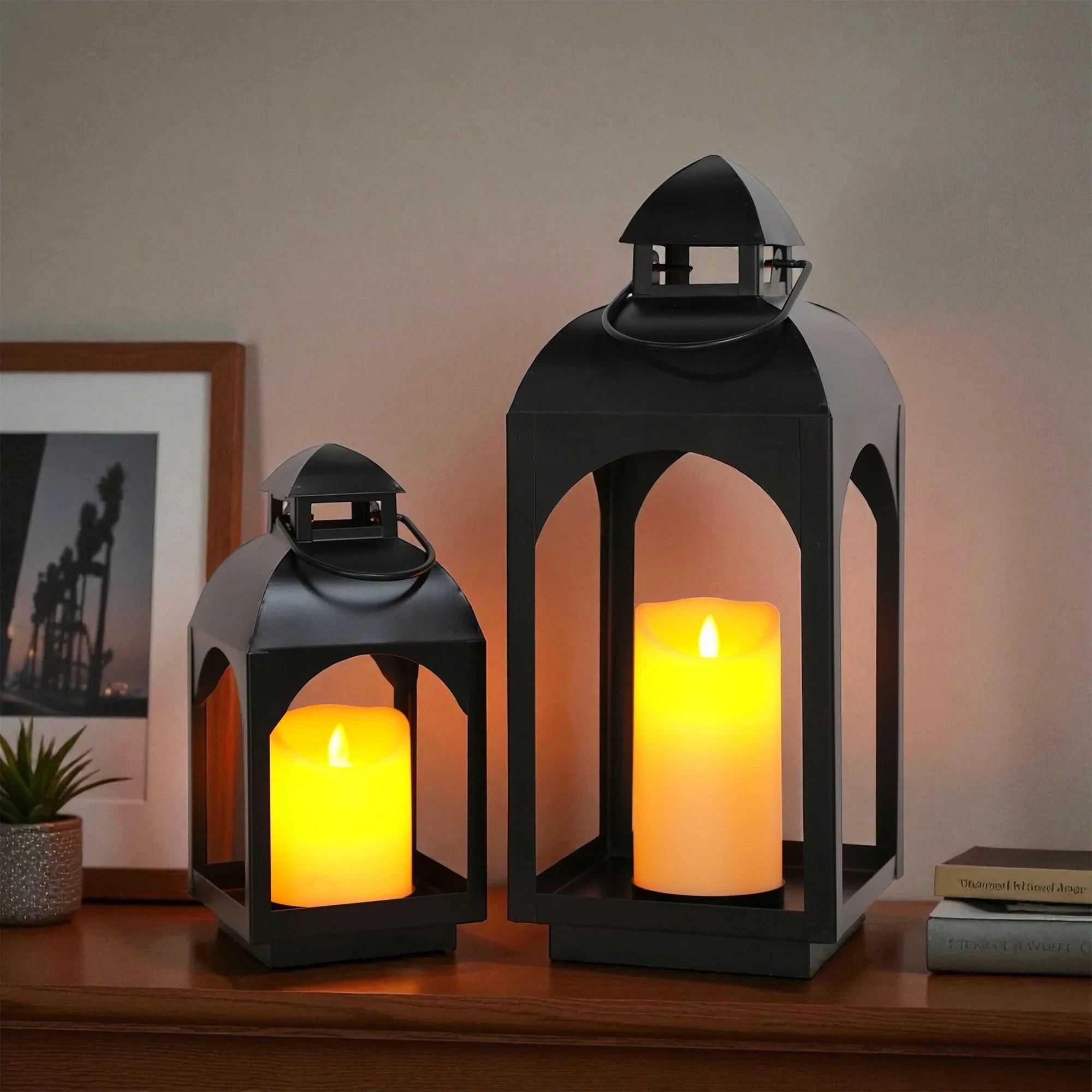 Black Metal Hanging Lanterns with LED Pillar Candles - Decor Akil