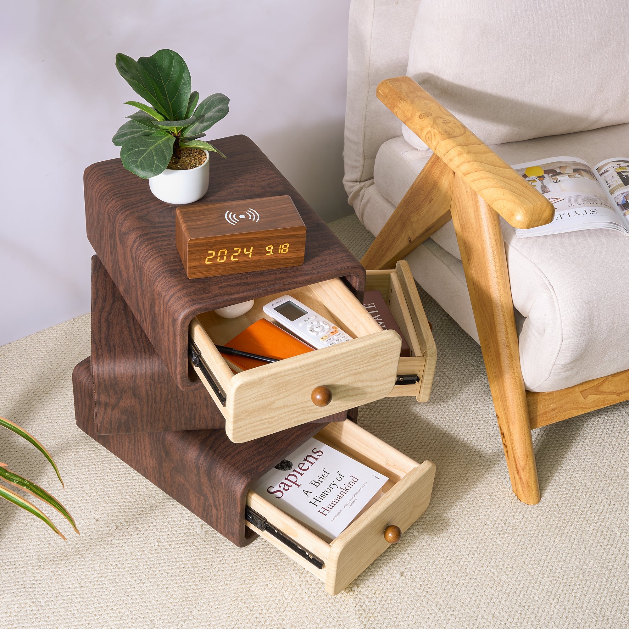 Rotatable 3-Tier Wooden Drawer Storage Cabinet – Stackable Nightstand Organizer - Decor Akil