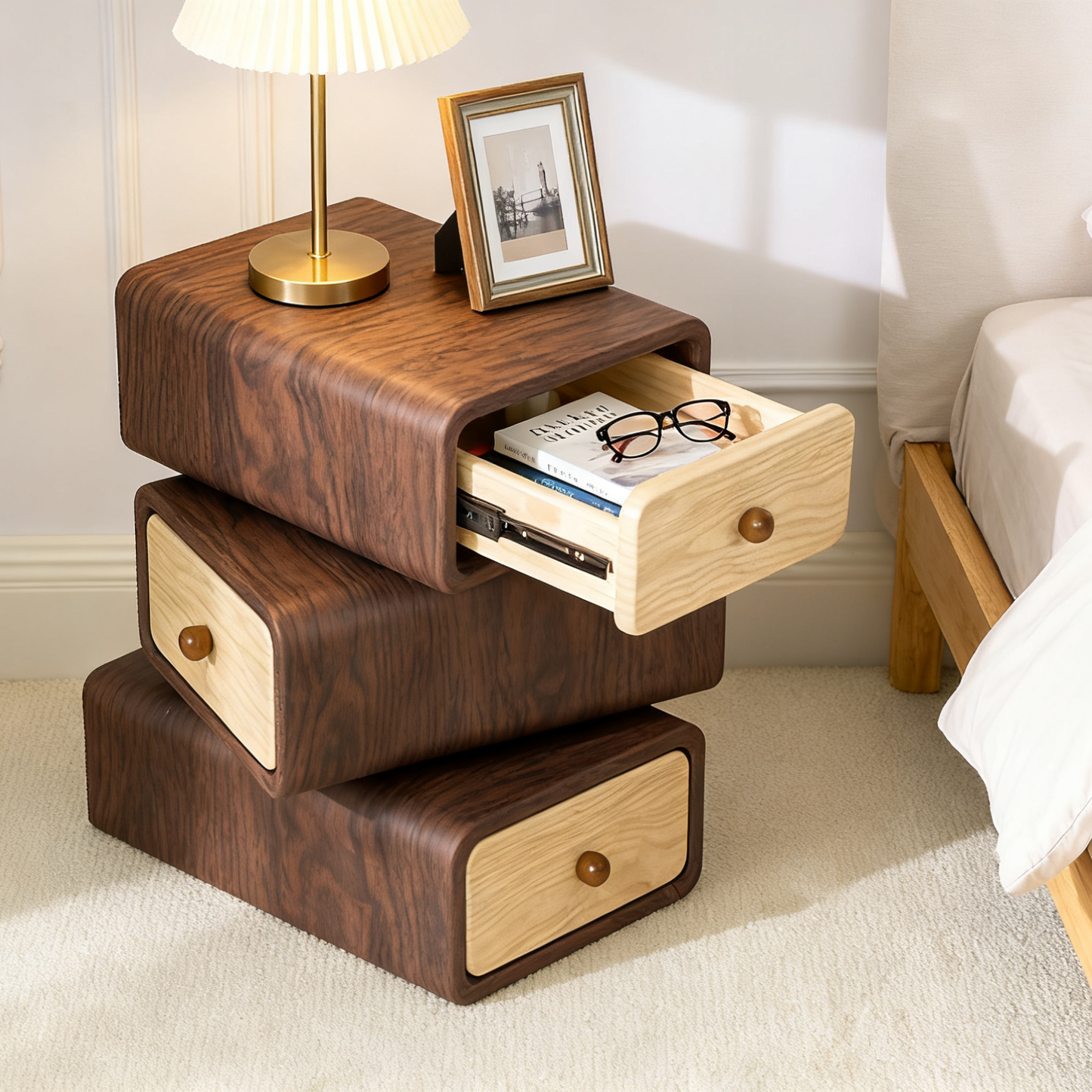 Rotatable 3-Tier Wooden Drawer Storage Cabinet – Stackable Nightstand Organizer - Decor Akil