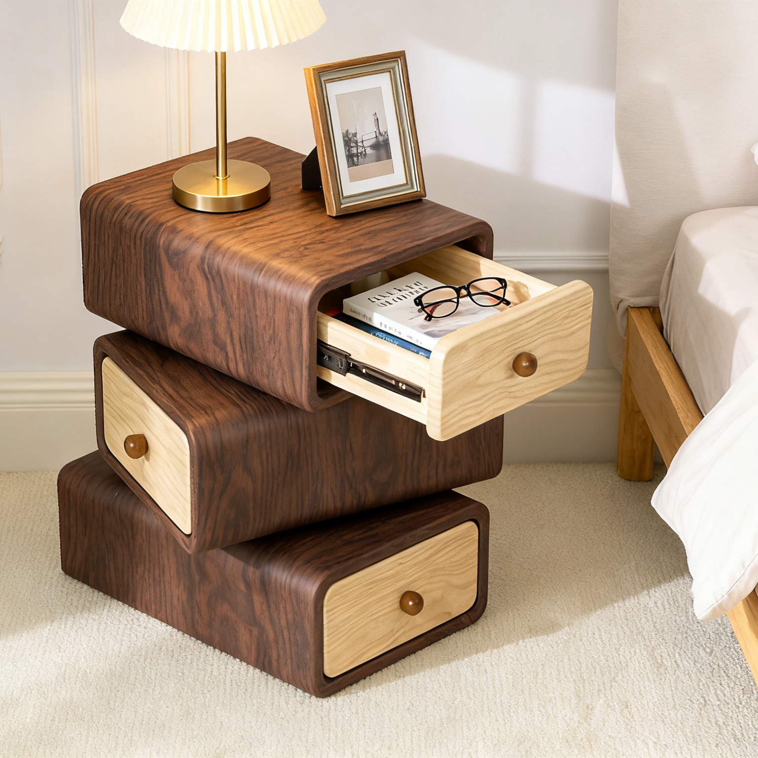 Rotatable 3-Tier Wooden Drawer Storage Cabinet – Stackable Nightstand Organizer - Decor Akil